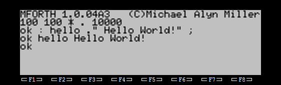MFORTH running in Virtual-T, showing a "Hello World" application